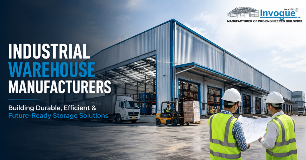 Industrial warehouse manufacturers constructing modern steel warehouse building using pre-engineered building technology
