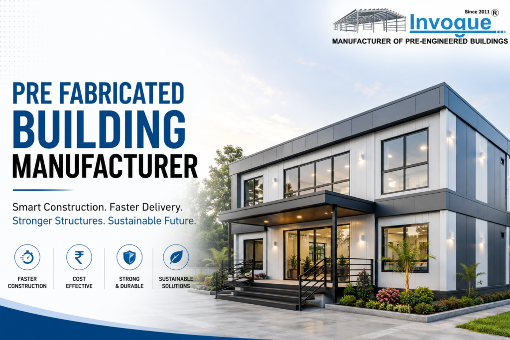 Pre fabricated building manufacturer showcasing a modern steel prefabricated commercial building with modular construction technology